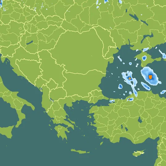 Map with Bulgaria in the center and a precipitation layer on top.