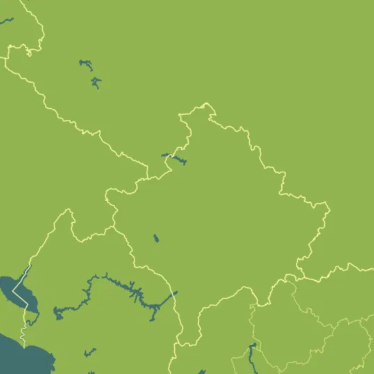 Map with Kosovo in the center and a precipitation layer on top.