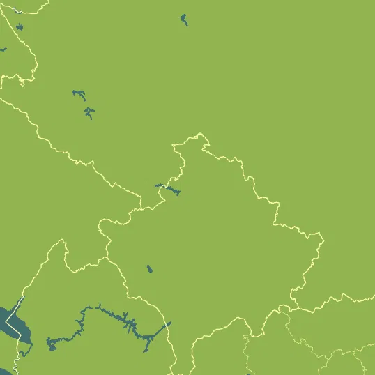 Map with Kosovo in the center and a precipitation layer on top.