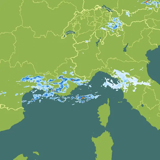 Map with Monaco in the center and a precipitation layer on top.