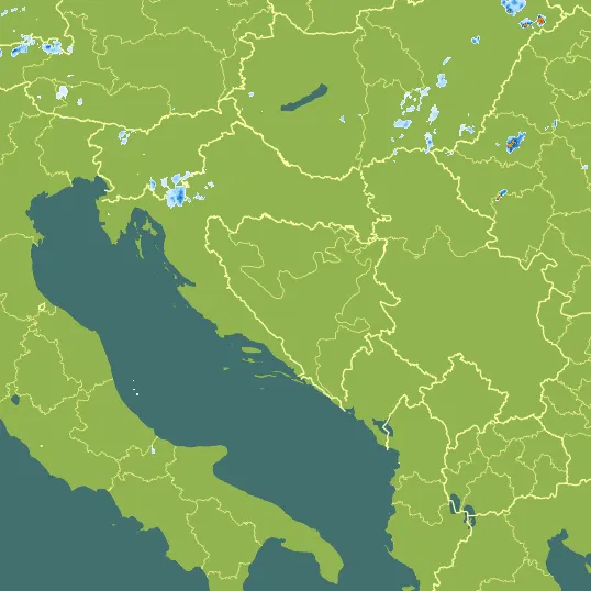 Map with Bosnia and Herzegovina in the center and a precipitation layer on top.