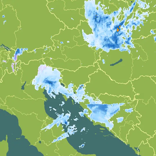 Map with Slovenia in the center and a precipitation layer on top.