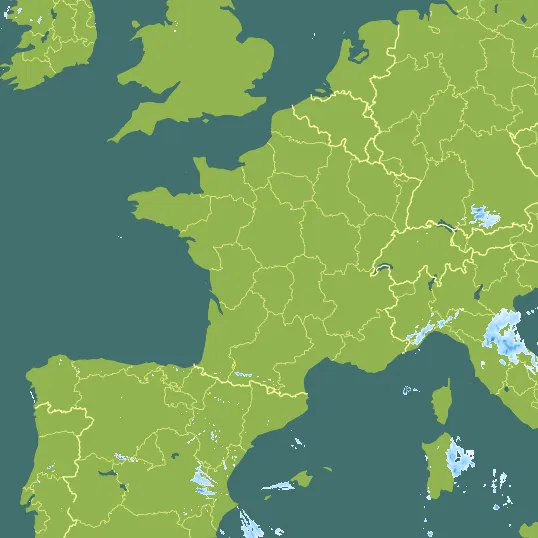 Map with France in the center and a precipitation layer on top.