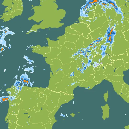 Map with France in the center and a precipitation layer on top.