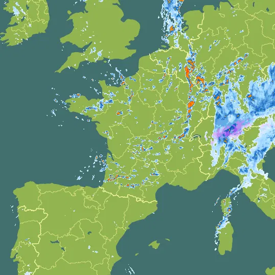 Map with France in the center and a precipitation layer on top.
