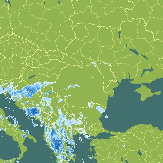 Map with Romania in the center and a precipitation layer on top.