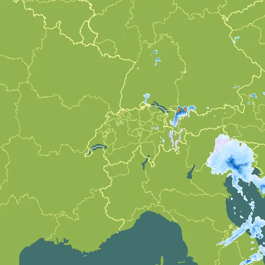 Map with Switzerland in the center and a precipitation layer on top.