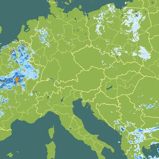 Map with Austria in the center and a precipitation layer on top.
