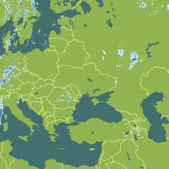 Map with Ukraine in the center and a precipitation layer on top.