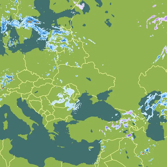 Map with Ukraine in the center and a precipitation layer on top.