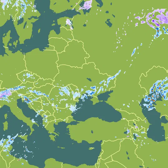 Map with Ukraine in the center and a precipitation layer on top.