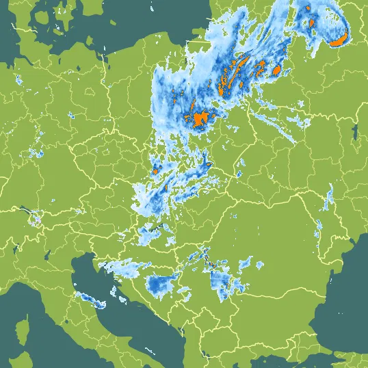 Map with Slovakia in the center and a precipitation layer on top.