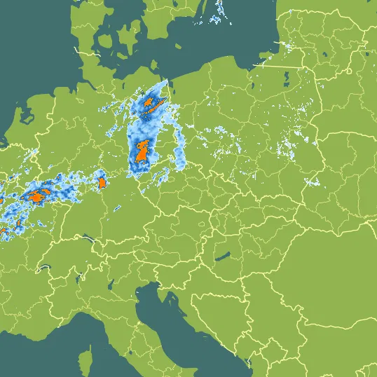 Map with Czech Republic in the center and a precipitation layer on top.