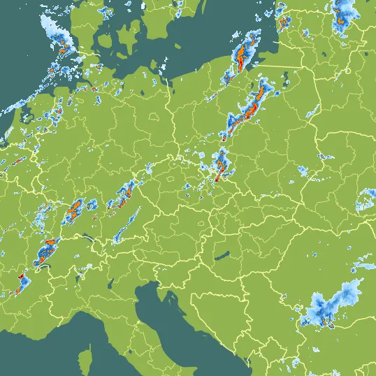 Map with Czech Republic in the center and a precipitation layer on top.