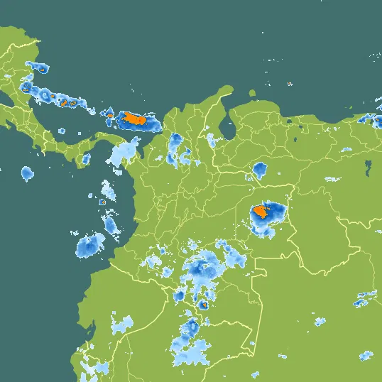 Map with Colombia in the center and a precipitation layer on top.