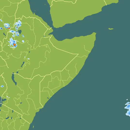 Map with Somalia in the center and a precipitation layer on top.