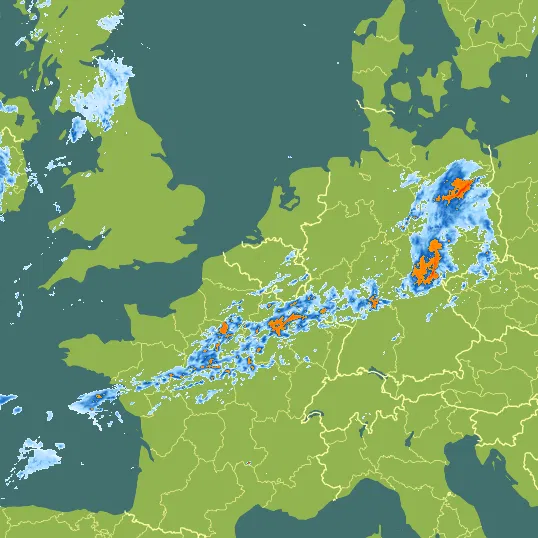 Map with Belgium in the center and a precipitation layer on top.