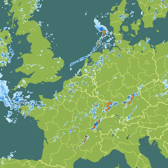 Map with Belgium in the center and a precipitation layer on top.