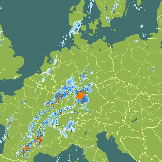 Map with Germany in the center and a precipitation layer on top.