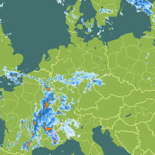 Map with Germany in the center and a precipitation layer on top.