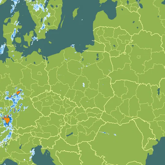 Map with Poland in the center and a precipitation layer on top.