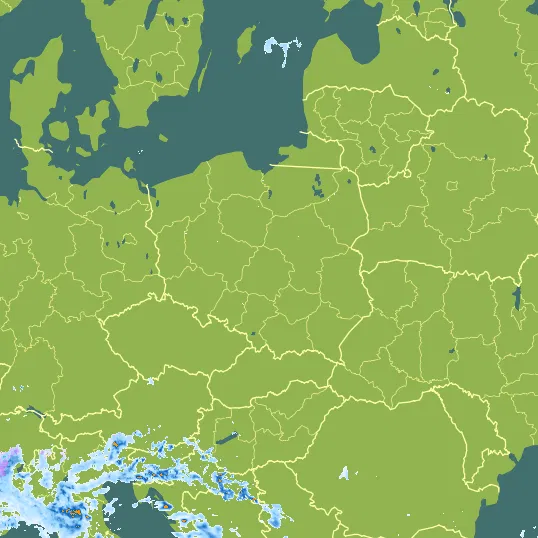 Map with Poland in the center and a precipitation layer on top.