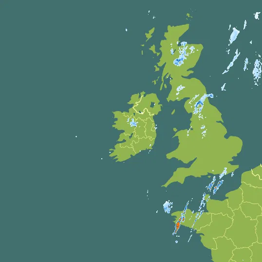 Map with Ireland in the center and a precipitation layer on top.