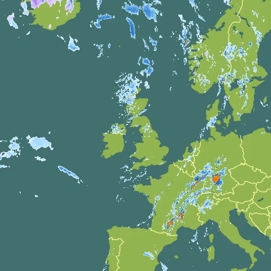 Map with United Kingdom in the center and a precipitation layer on top.