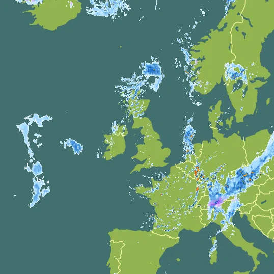 Map with United Kingdom in the center and a precipitation layer on top.