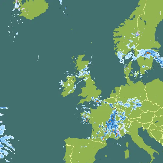 Map with United Kingdom in the center and a precipitation layer on top.