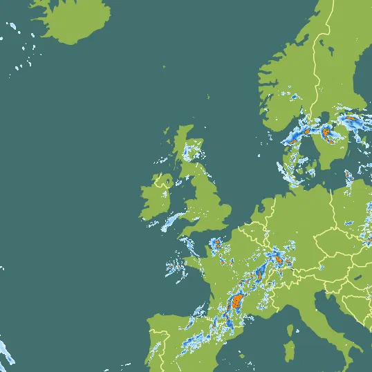 Map with United Kingdom in the center and a precipitation layer on top.