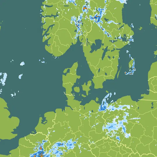 Map with Denmark in the center and a precipitation layer on top.