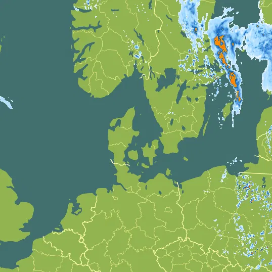 Map with Denmark in the center and a precipitation layer on top.