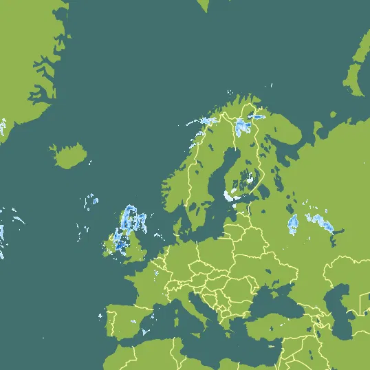 Map with Sweden in the center and a precipitation layer on top.