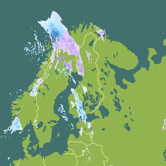 Map with Finland in the center and a precipitation layer on top.