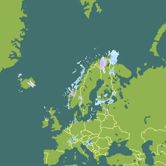 Map with Norway in the center and a precipitation layer on top.