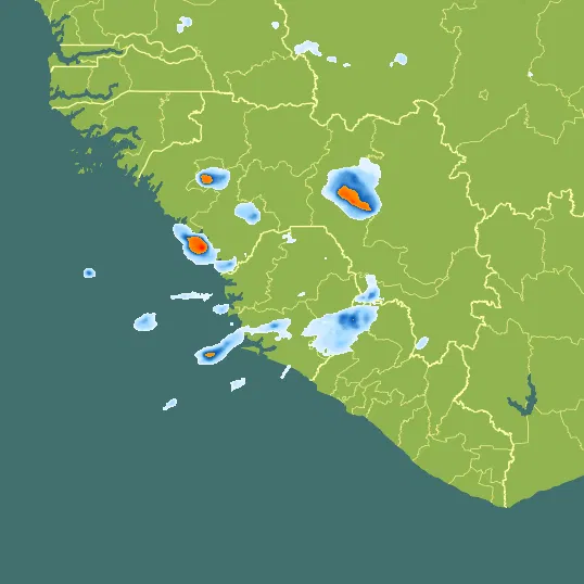 Map with Sierra Leone in the center and a precipitation layer on top.