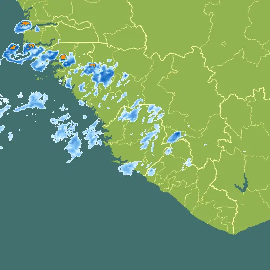 Map with Sierra Leone in the center and a precipitation layer on top.