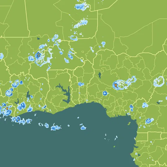 Map with Benin in the center and a precipitation layer on top.