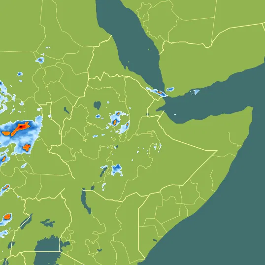 Map with Ethiopia in the center and a precipitation layer on top.