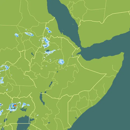 Map with Ethiopia in the center and a precipitation layer on top.