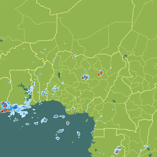 Map with Nigeria in the center and a precipitation layer on top.