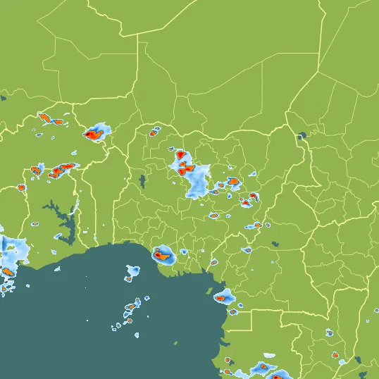 Map with Nigeria in the center and a precipitation layer on top.